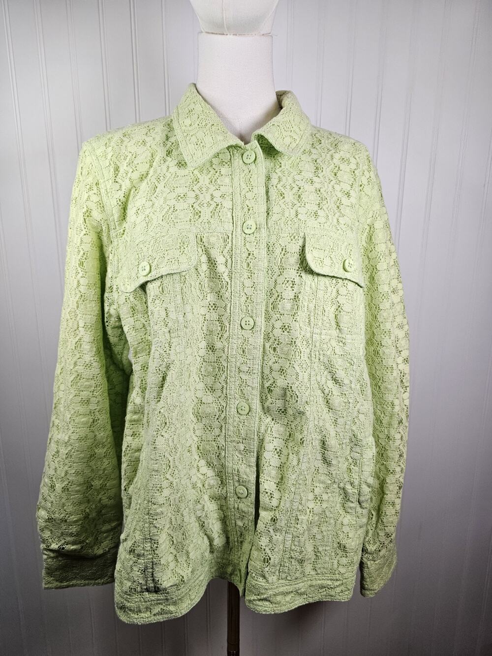 Denim & Co Lime Green Lace Floral Jacket Button Up Pockets Size L Romantic